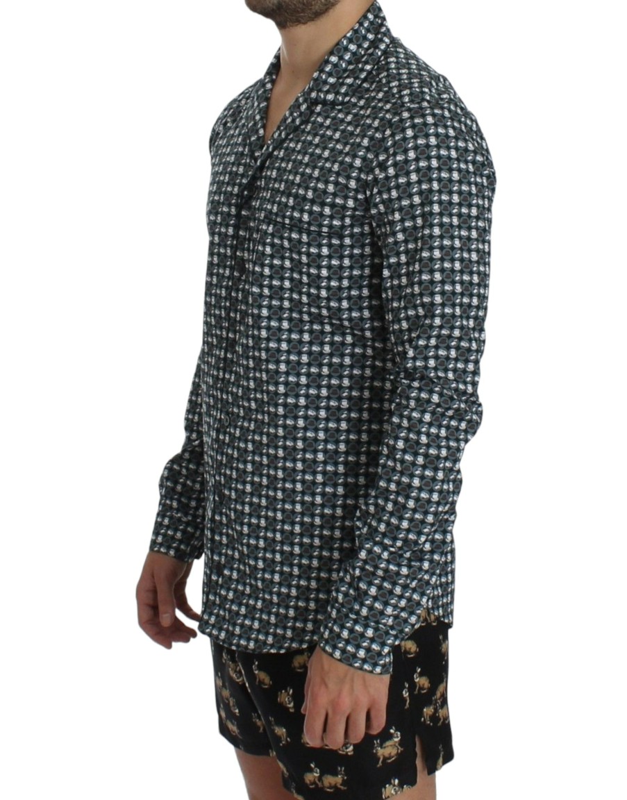 Men Dolce & Gabbana Men'S Sleepwear | Dolce & Gabbana Green Hat Print Cotton Pajama Shirt Sleepwear