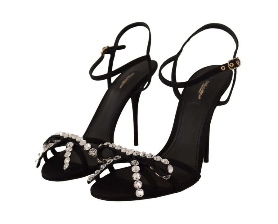 Women Dolce & Gabbana Women'S Sandals | Dolce & Gabbana Black Crystals Ankle Strap Heels Sandals Shoes