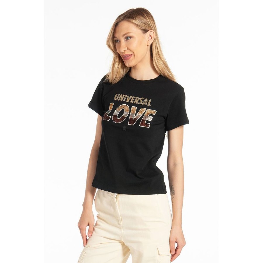 Women Patrizia Pepe Women'S Tops & T-Shirts | Patrizia Pepe Elegant Cotton Tee With Sparkling Rhinestone Design