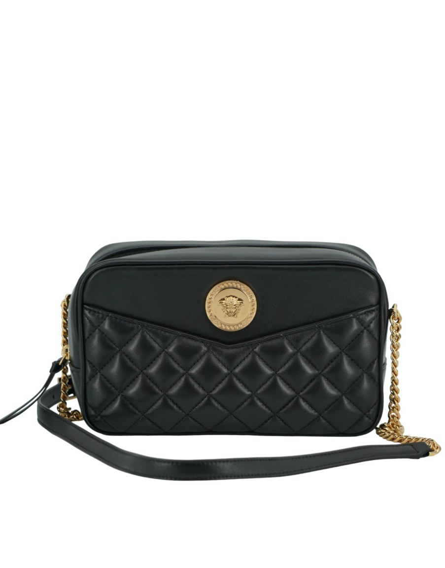 Women Versace Women'S Crossbody Bags | Versace Black Lamb Leather Medium Camera Shoulder Bag