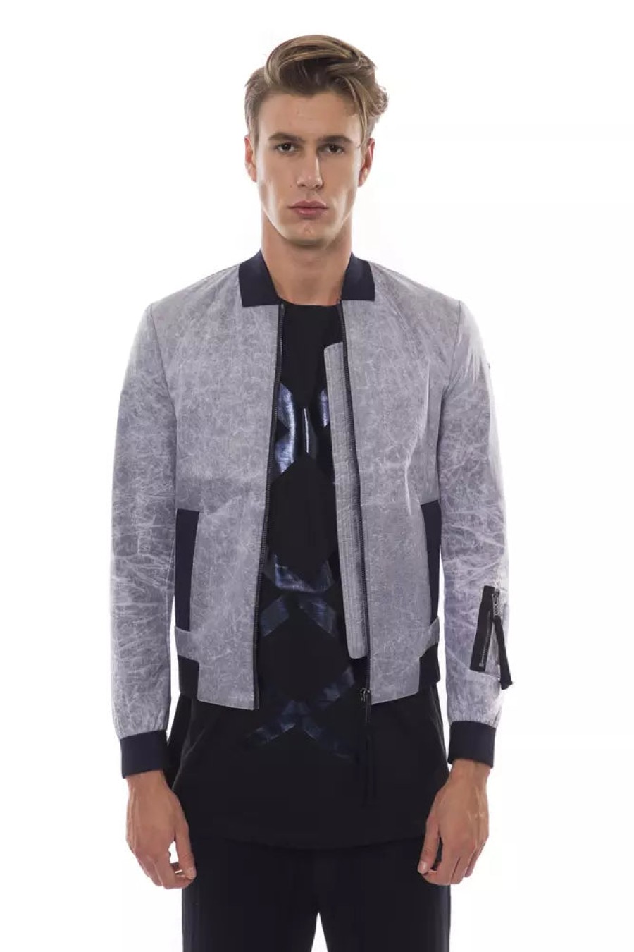 Men Nicolo Tonetto Men'S Jackets | Nicolo Tonetto Sleek Gray Bomber Jacket With Chic Logo Detail