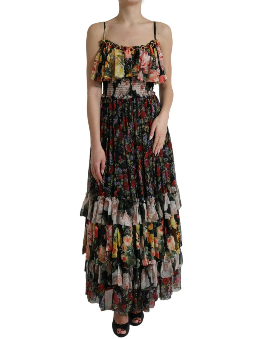 Women Dolce & Gabbana Women'S Dresses | Dolce & Gabbana Multicolor Floral Chiffon Tiered Maxi Dress