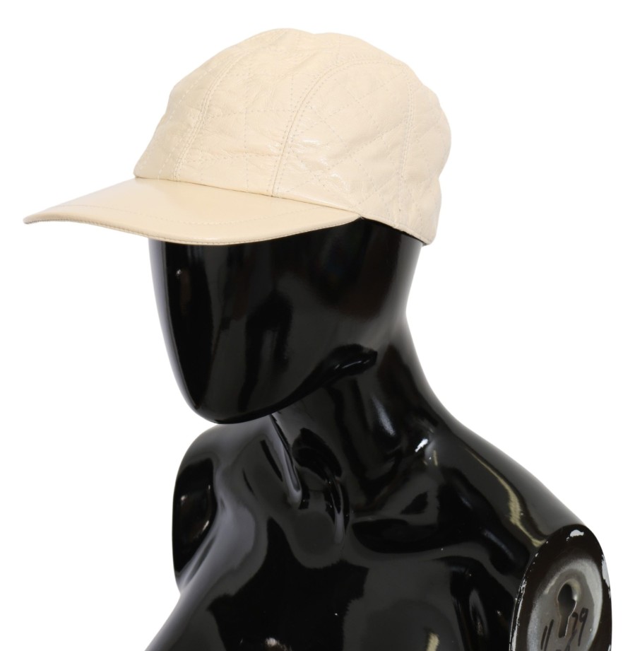 Men Dolce & Gabbana Men'S Hats & Caps | Dolce & Gabbana White Lamb Skin 100% Leather Baseball Hat