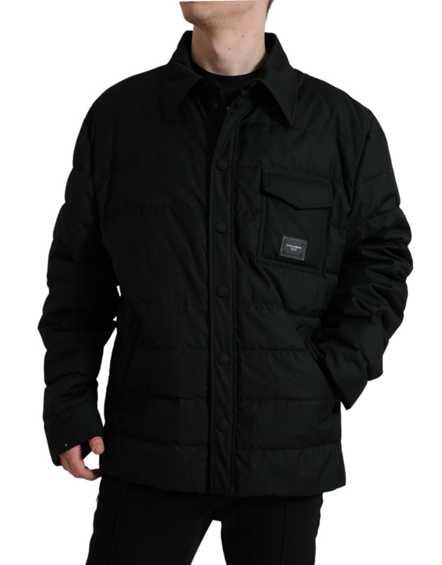 Men Dolce & Gabbana Men'S Jackets | Dolce & Gabbana Black Polyester Quilted Logo Patch Jacket