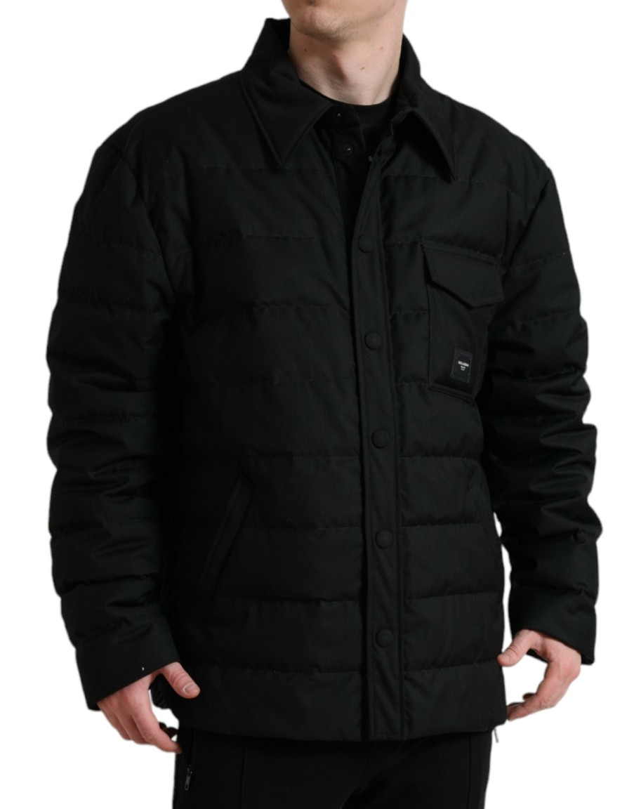 Men Dolce & Gabbana Men'S Jackets | Dolce & Gabbana Black Polyester Quilted Logo Patch Jacket