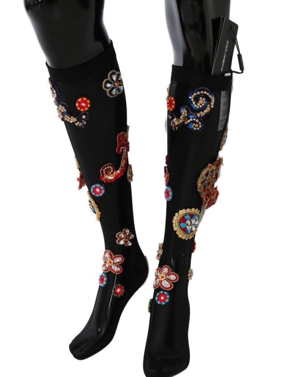 Women Dolce & Gabbana Women'S Tights And Socks | Dolce & Gabbana Black Stretch Carretto Crystal Socks