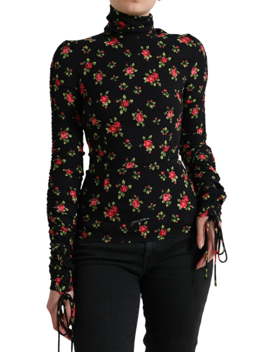 Women Dolce & Gabbana Women'S Tops & T-Shirts | Dolce & Gabbana Black Rose Print Turtle Neck Blouse Top