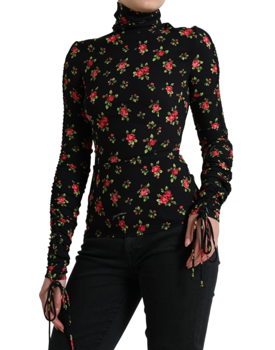 Women Dolce & Gabbana Women'S Tops & T-Shirts | Dolce & Gabbana Black Rose Print Turtle Neck Blouse Top