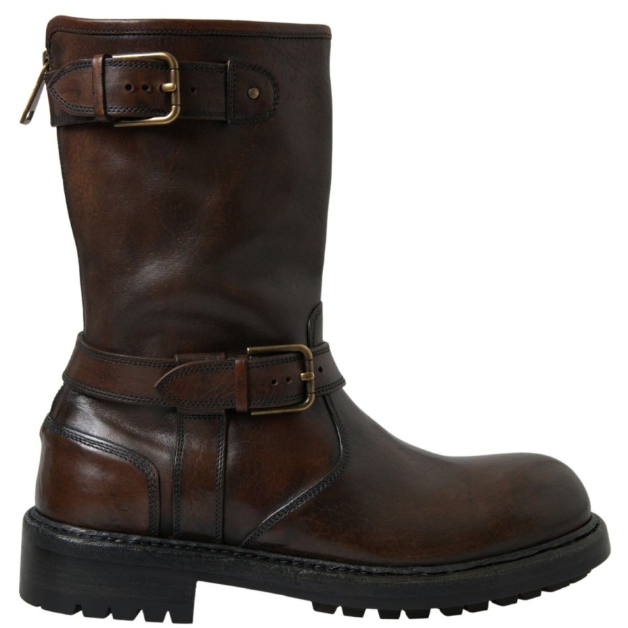 Men Dolce & Gabbana Men'S Boots | Dolce & Gabbana Brown Leather Midcalf Mens Boots