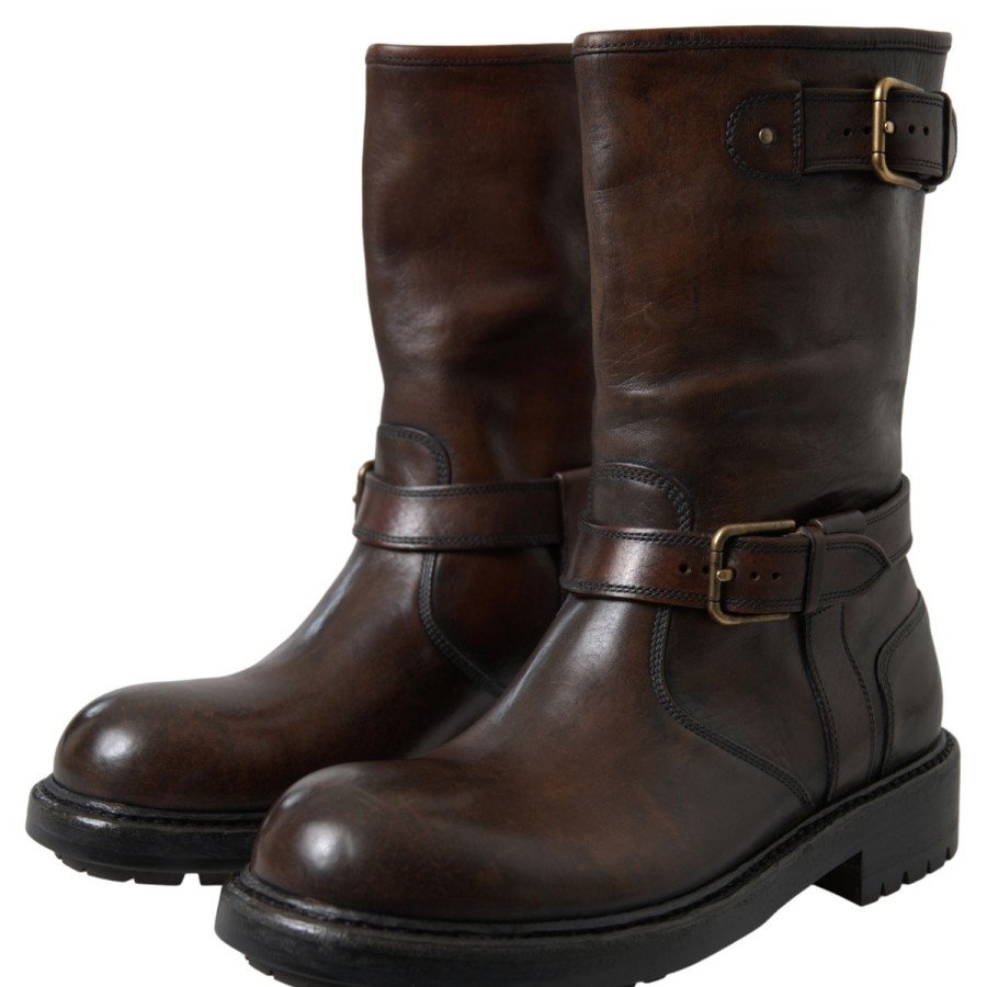 Men Dolce & Gabbana Men'S Boots | Dolce & Gabbana Brown Leather Midcalf Mens Boots