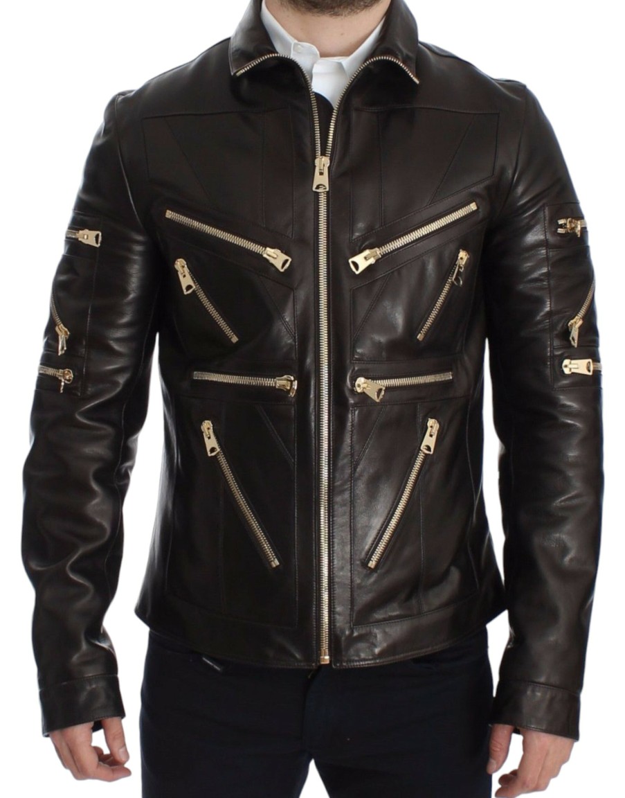 Men Dolce & Gabbana Men'S Jackets | Dolce & Gabbana Brown Lambskin Leather Zipper Jacket