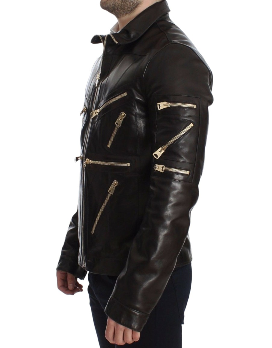 Men Dolce & Gabbana Men'S Jackets | Dolce & Gabbana Brown Lambskin Leather Zipper Jacket