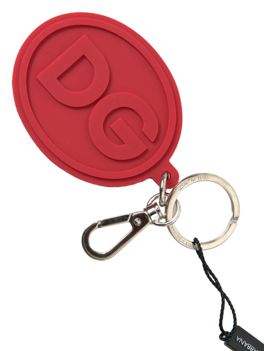 Women Dolce & Gabbana Women'S Keychains | Dolce & Gabbana Red Rubber Dg Logo Silver Brass Metal Keyring Keychain