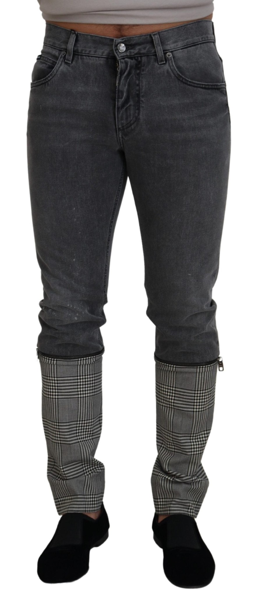 Men Dolce & Gabbana Men'S Jeans & Pants | Dolce & Gabbana Gray Cotton Checkered Leg Men Denim Jeans