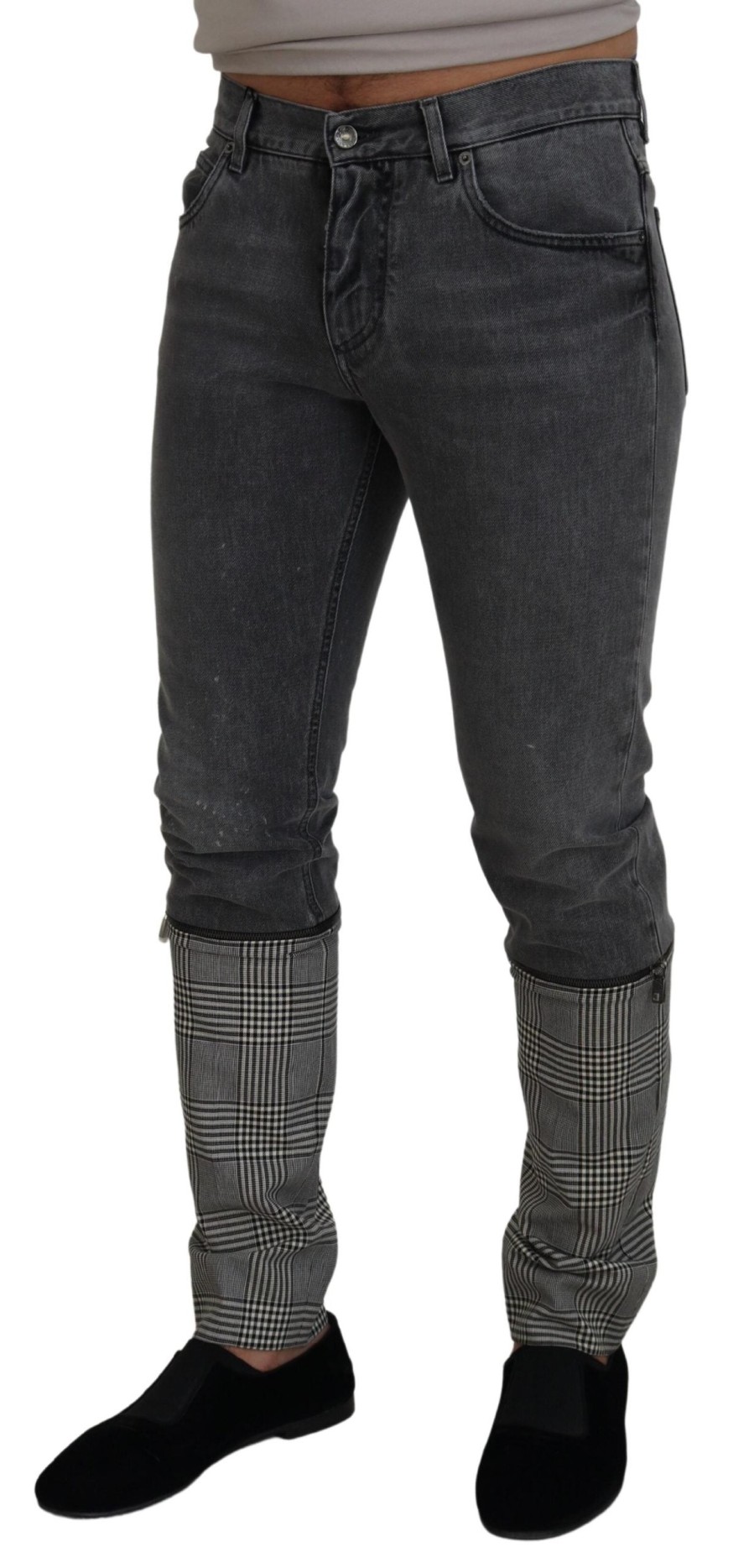 Men Dolce & Gabbana Men'S Jeans & Pants | Dolce & Gabbana Gray Cotton Checkered Leg Men Denim Jeans