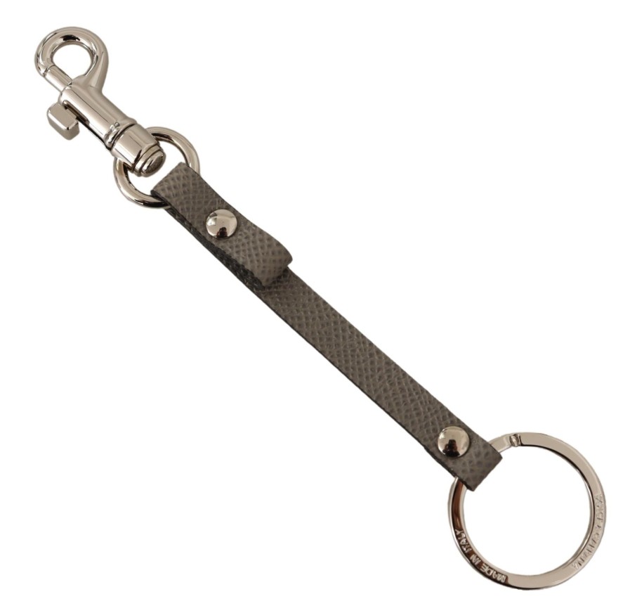 Men Dolce & Gabbana Men'S Keychains | Dolce & Gabbana Gray Textured Leather Silver Metal Hook Keychain