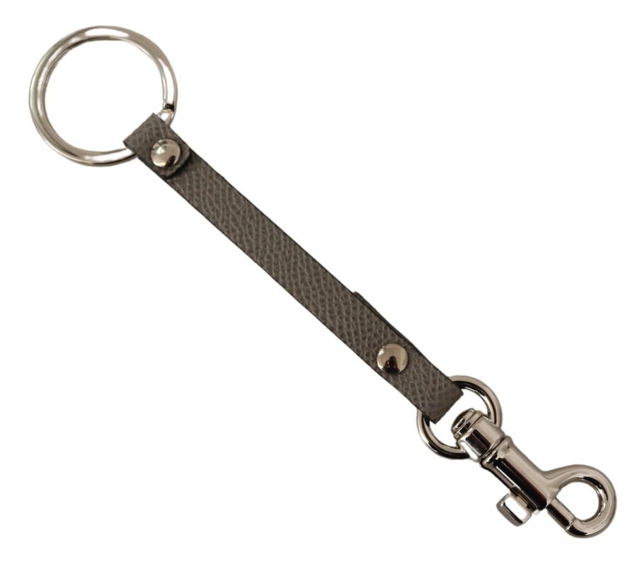 Men Dolce & Gabbana Men'S Keychains | Dolce & Gabbana Gray Textured Leather Silver Metal Hook Keychain