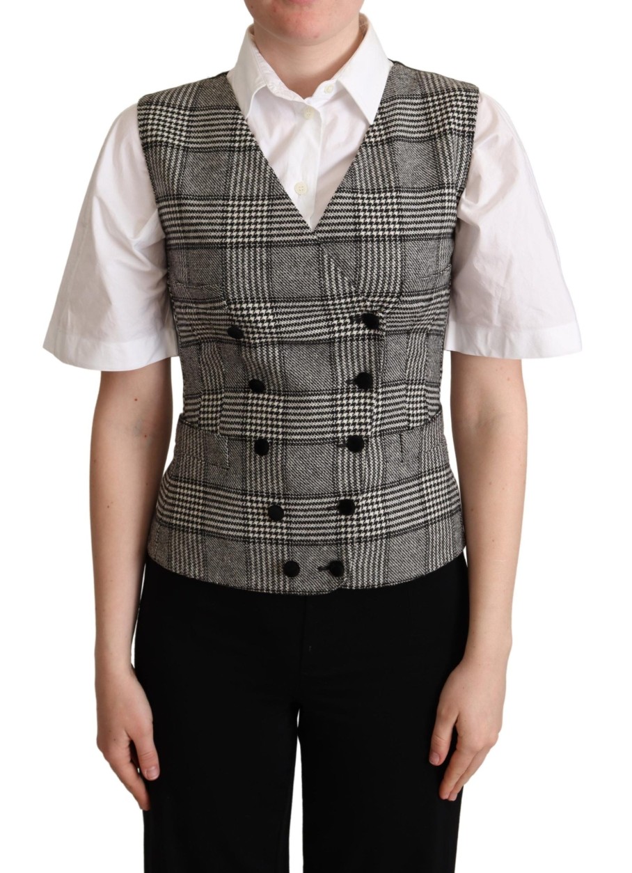 Women Dolce & Gabbana Women'S Vest | Dolce & Gabbana Gray Checkered Sleeveless Waistcoat Vest