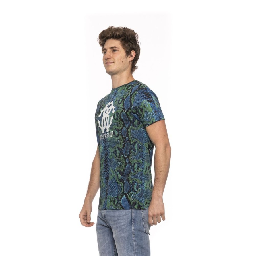 Men Roberto Cavalli Beachwear Men'S T-Shirts | Roberto Cavalli Beachwear Teal Python Fantasy Logo Tee