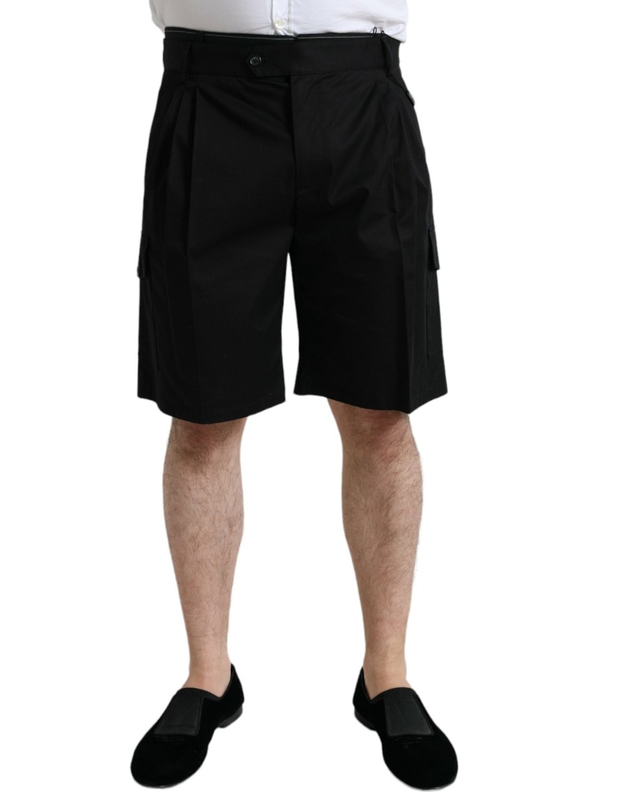 Men Dolce & Gabbana Men'S Shorts | Dolce & Gabbana Black Cotton Stretch Cargo Bermuda Shorts