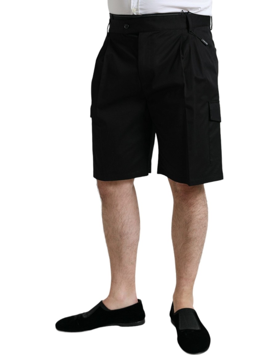 Men Dolce & Gabbana Men'S Shorts | Dolce & Gabbana Black Cotton Stretch Cargo Bermuda Shorts