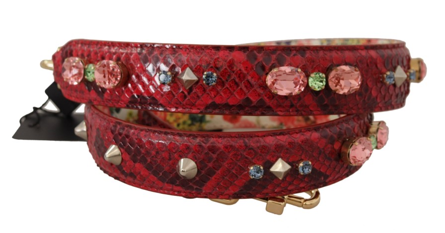 Women Dolce & Gabbana Women'S Leather Accessories | Dolce & Gabbana Red Exotic Leather Crystals Reversible Shoulder Strap