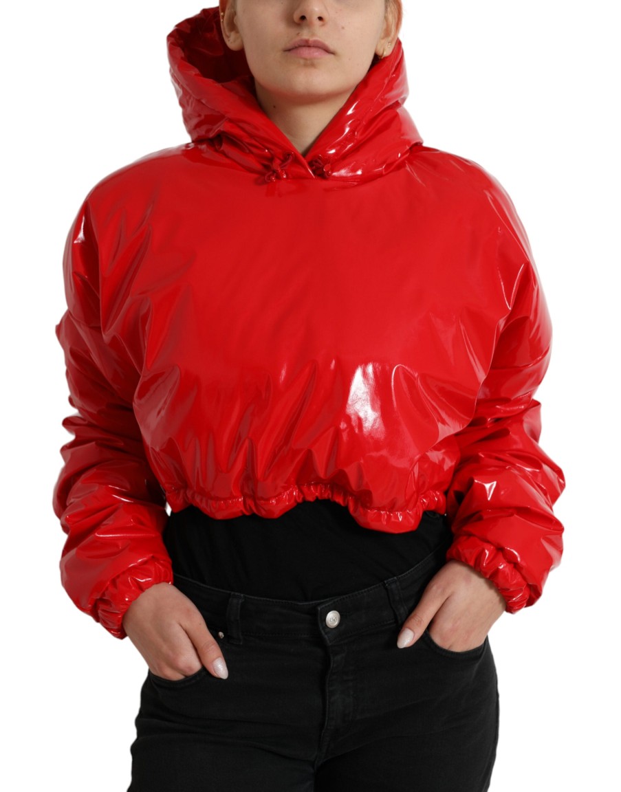 Women Dolce & Gabbana Women'S Jackets & Coats | Dolce & Gabbana Shiny Red Hooded Cropped Short Coat Jacket