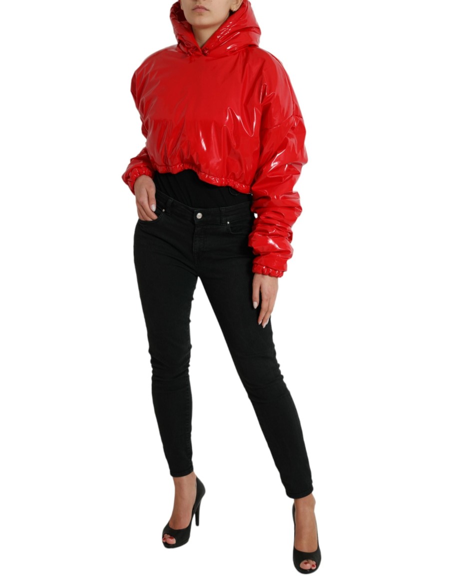 Women Dolce & Gabbana Women'S Jackets & Coats | Dolce & Gabbana Shiny Red Hooded Cropped Short Coat Jacket