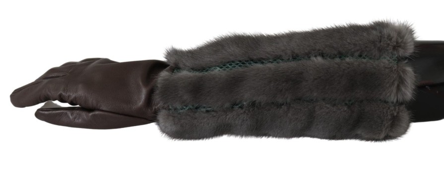 Women Dolce & Gabbana Women'S Gloves | Dolce & Gabbana Brown Mid Arm Length Leather Fur Gloves