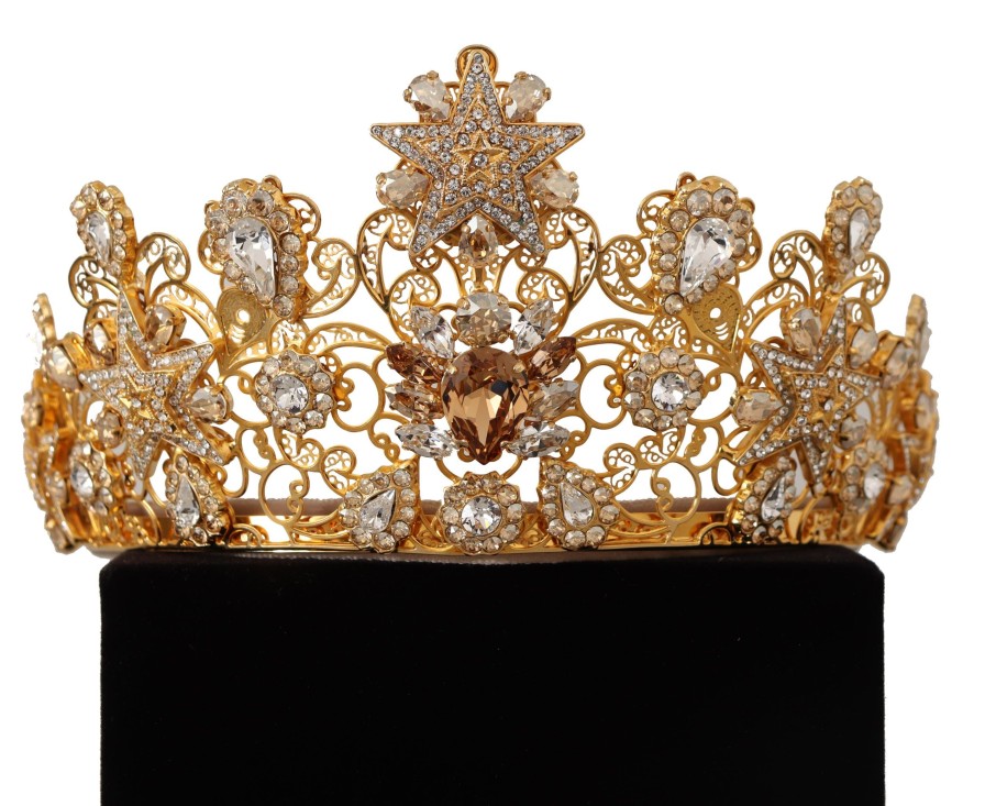 Women Dolce & Gabbana Women'S Headbands | Dolce & Gabbana Gold Tone Brass Star Clear Crystal Crown Diadem Tiara