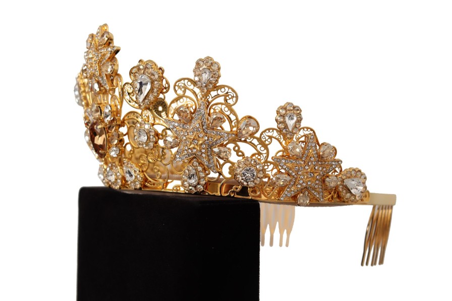 Women Dolce & Gabbana Women'S Headbands | Dolce & Gabbana Gold Tone Brass Star Clear Crystal Crown Diadem Tiara