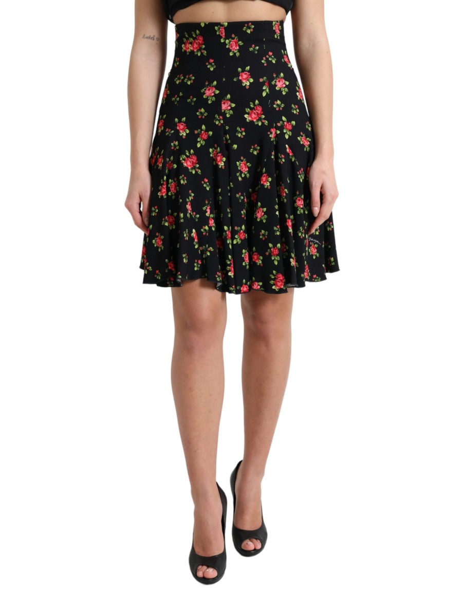 Women Dolce & Gabbana Women'S Skirts | Dolce & Gabbana Black Rose Print High Waist A-Line Mini Skirt