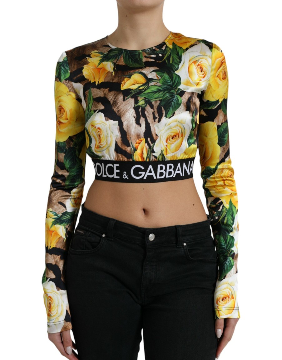 Women Dolce & Gabbana Women'S Tops & T-Shirts | Dolce & Gabbana Multicolor Floral Long Sleeves Cropped Top