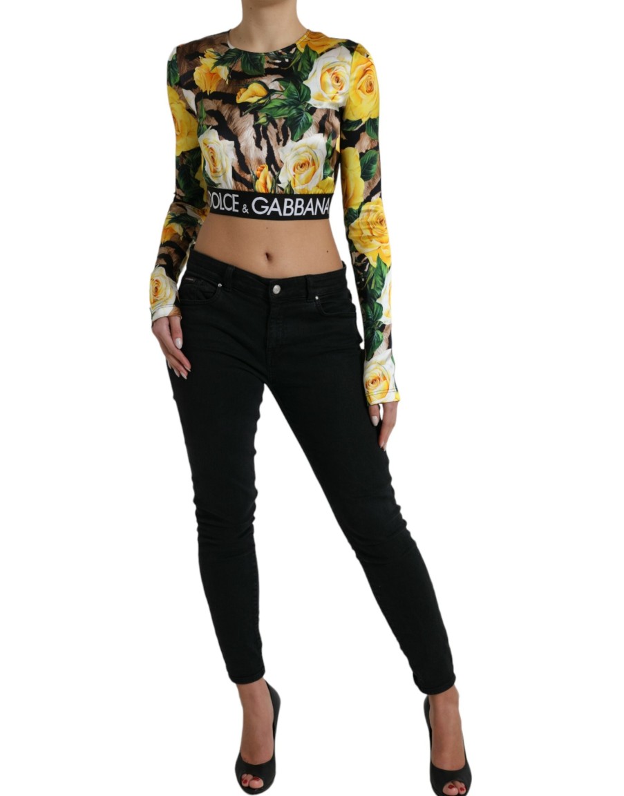 Women Dolce & Gabbana Women'S Tops & T-Shirts | Dolce & Gabbana Multicolor Floral Long Sleeves Cropped Top