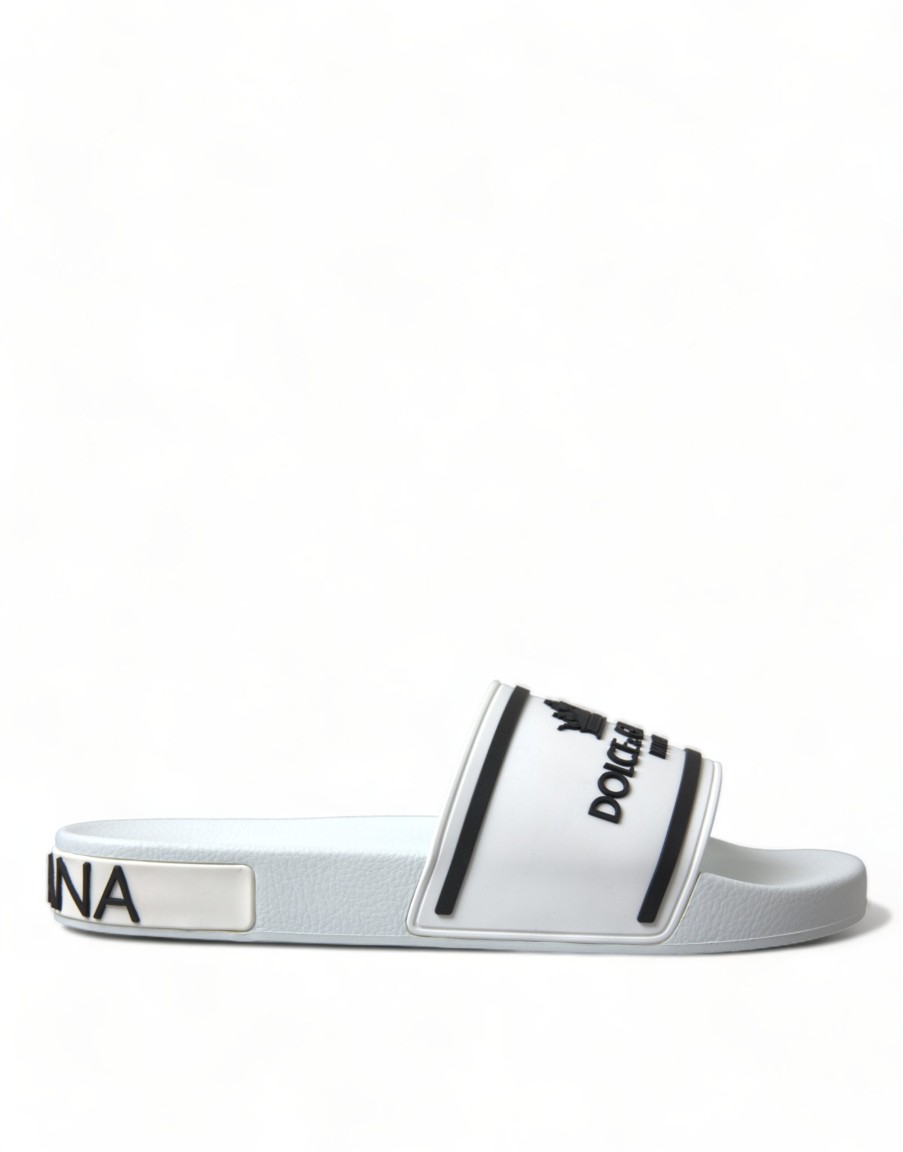 Men Dolce & Gabbana Men'S Slide Sandals | Dolce & Gabbana White Rubber Sandals Slippers Beachwear Men Shoes