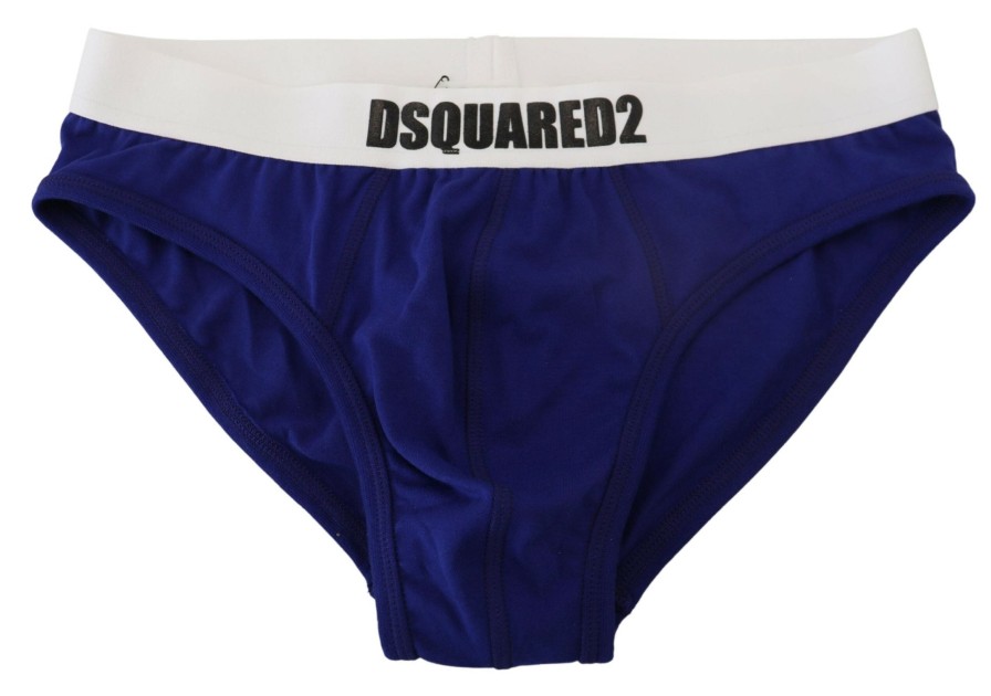 Men Dsquared² Men'S Underwear | Dsquared Blue White Logo Cotton Stretch Men Brief Underwear