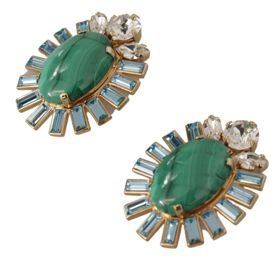 Women Dolce & Gabbana Women'S Earrings | Dolce & Gabbana Gold Brass Blue Crystal Stone Clip-On Jewelry Sicily E