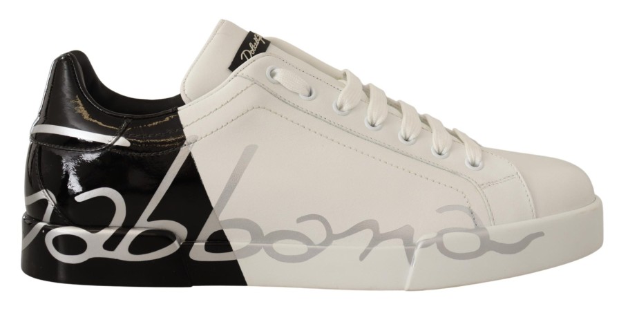 Men Dolce & Gabbana Men'S Sneakers | Dolce & Gabbana White Black Leather Logo Print Mens Sneakers Shoes