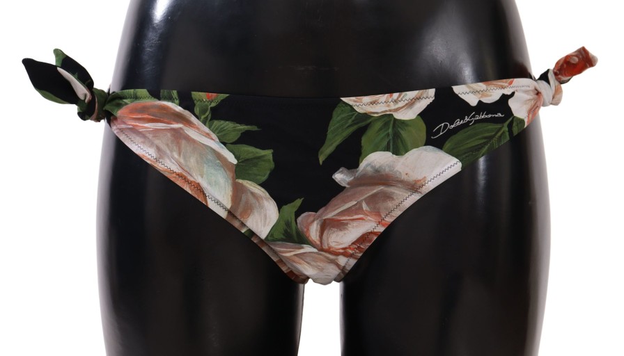 Women Dolce & Gabbana Women'S Swimwear | Dolce & Gabbana Black Roses Print Swimsuit Bikini Bottom Swimwear