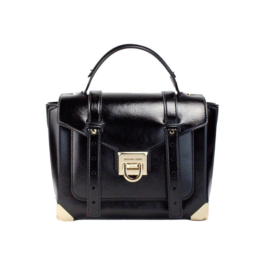 Women Michael Kors Women Satchel Bags | Michael Kors Manhattan Medium Slick Black Leather Top Handle School Sa