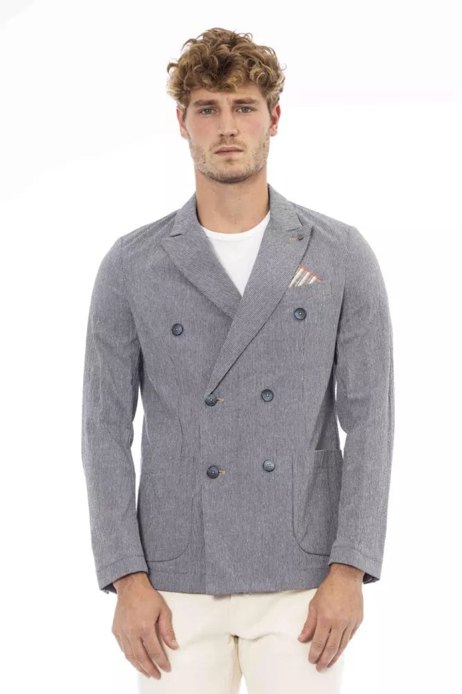 Men Distretto12 Men'S Blazers | Distretto12 Classic Blue Fabric Jacket With Front Pockets