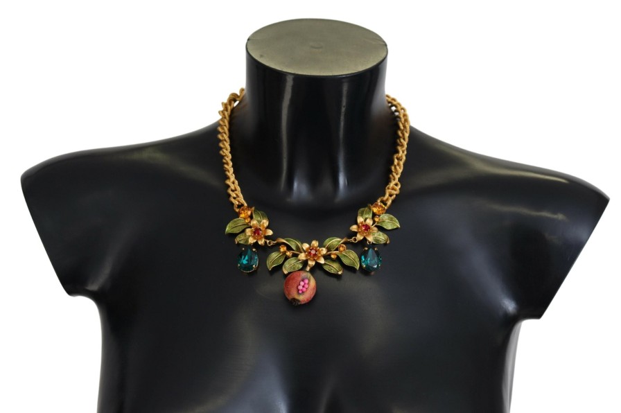 Women Dolce & Gabbana Women'S Necklaces | Dolce & Gabbana Gold Brass Crystal Logo Fruit Floral Statement Necklac