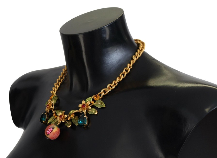 Women Dolce & Gabbana Women'S Necklaces | Dolce & Gabbana Gold Brass Crystal Logo Fruit Floral Statement Necklac