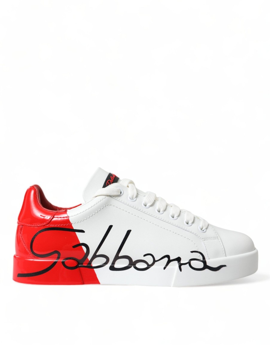 Men Dolce & Gabbana Men'S Sneakers | Dolce & Gabbana White Red Leather Logo Low Top Sneakers Men Shoes