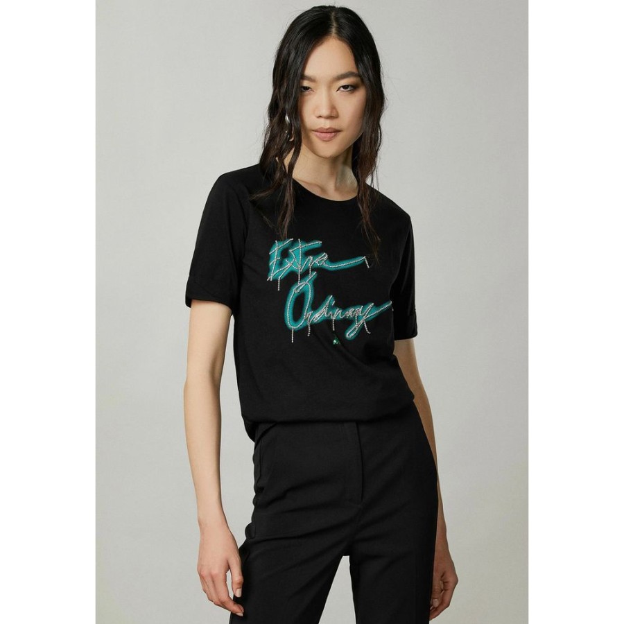 Women Patrizia Pepe Women'S Tops & T-Shirts | Patrizia Pepe Elegant Cotton Tee With Rhinestone Accents