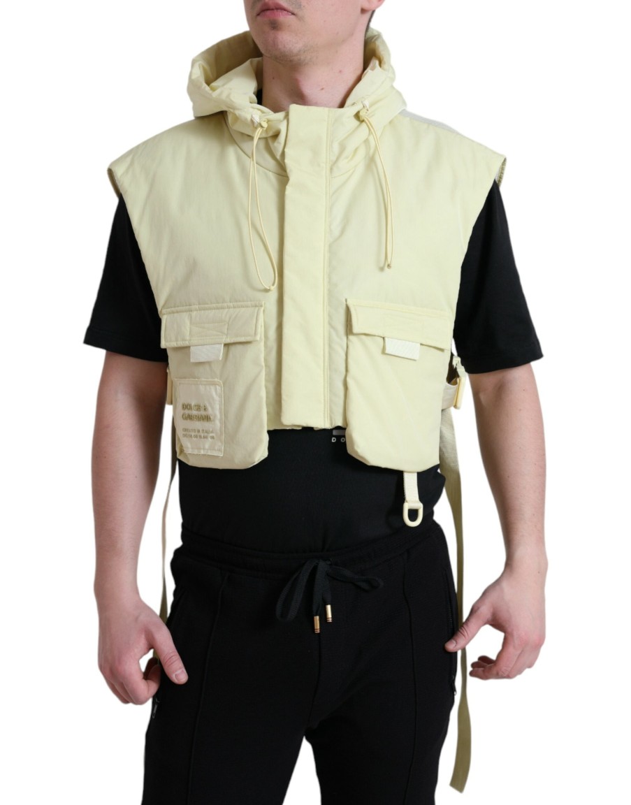 Men Dolce & Gabbana Men'S Jackets | Dolce & Gabbana Yellow Nylon Hooded Sportswear Vest Jacket