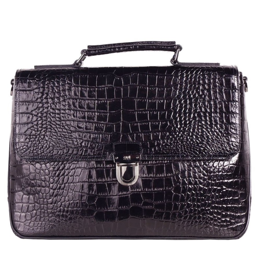 Men Cavalli Class Men'S Briefcases | Cavalli Class Black Leather Di Calfskin Briefcase