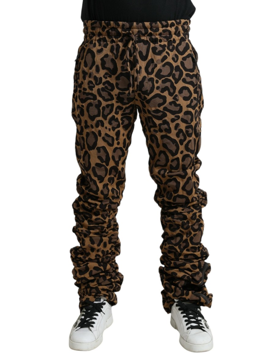 Men Dolce & Gabbana Men'S Jeans & Pants | Dolce & Gabbana Brown Leopard Jacquard Jogger Pants