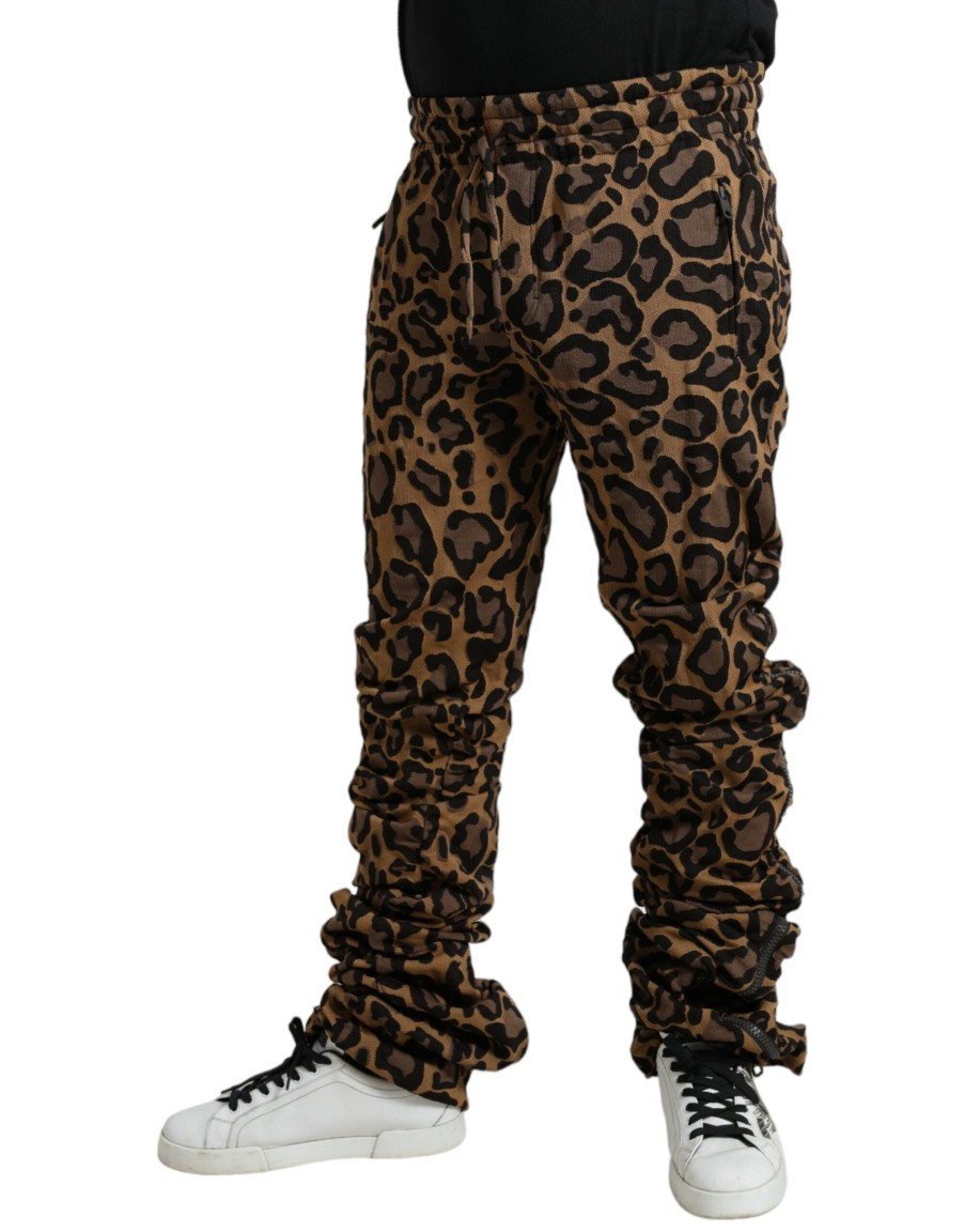 Men Dolce & Gabbana Men'S Jeans & Pants | Dolce & Gabbana Brown Leopard Jacquard Jogger Pants