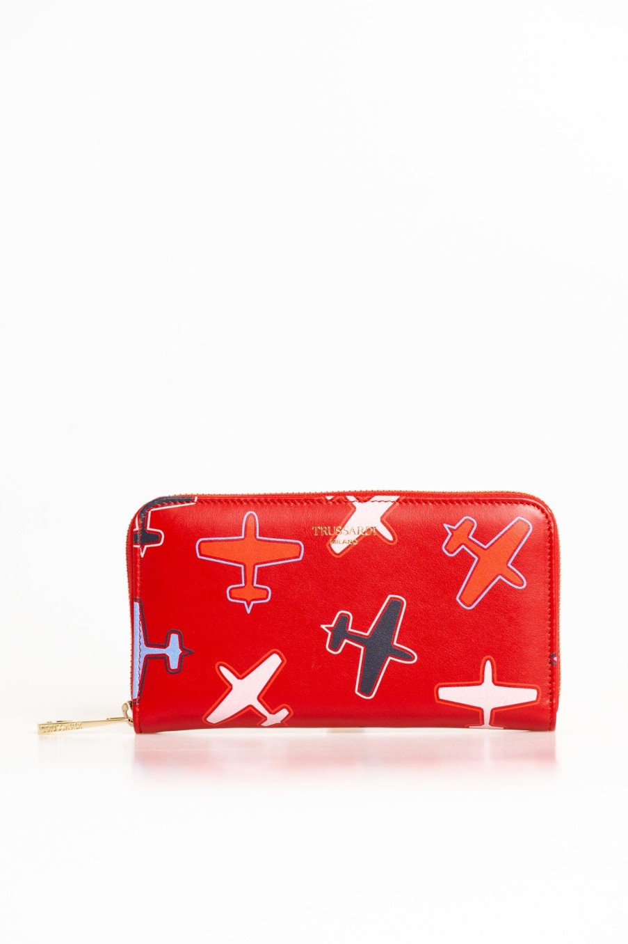 Women Trussardi Women'S Wallets | Trussardi Airplane Print Red Leather Zip Wallet